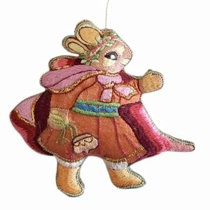 Vintage Bundle of 2 Satin Embroidered Rabbit Christmas Ornament